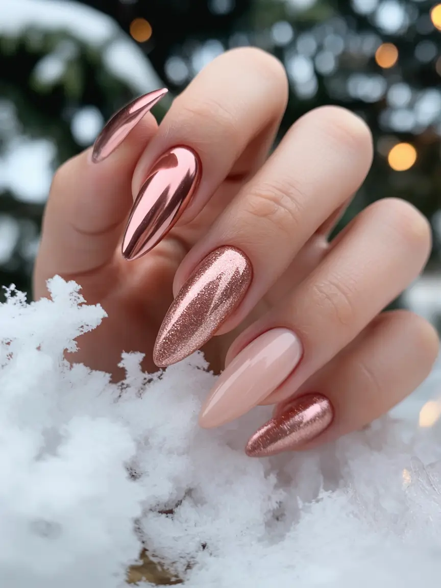 brown nails 2026 Rose Chrome Almond Shines for Winter