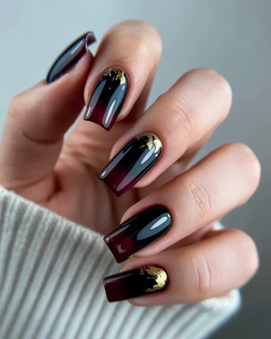 brown nails 2026 Dark Ombre Burgundy with Gold Foil Drama