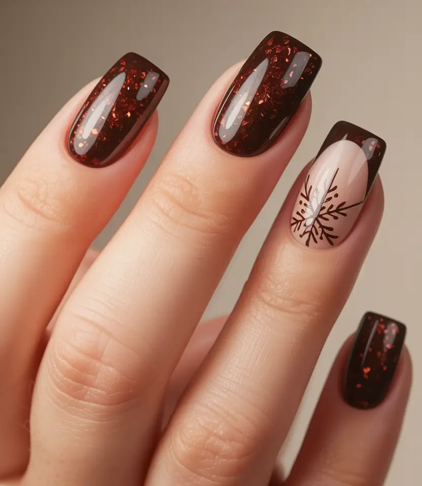 brown nails 2026 Deep Ember Sparkle with Winter Detail