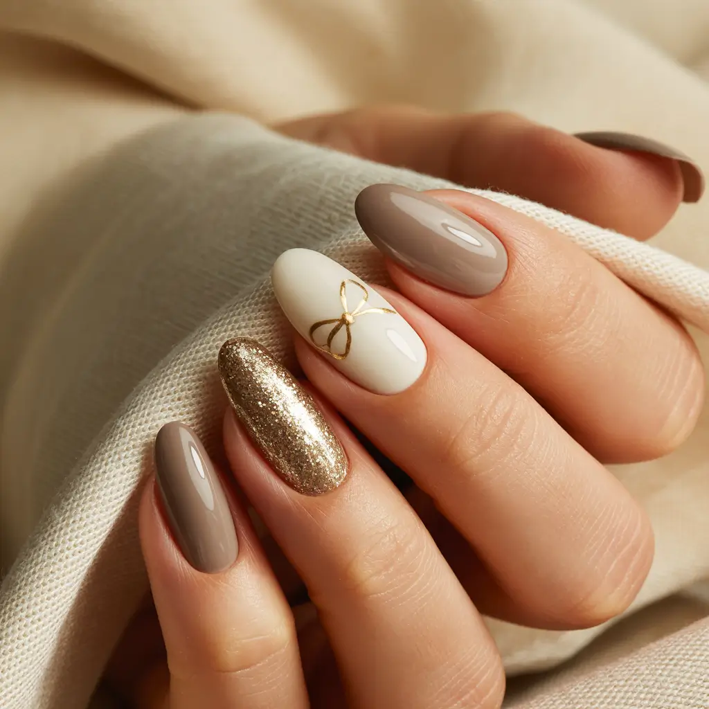 brown nails 2026 Warm Taupe and Gold Ribbon Accents