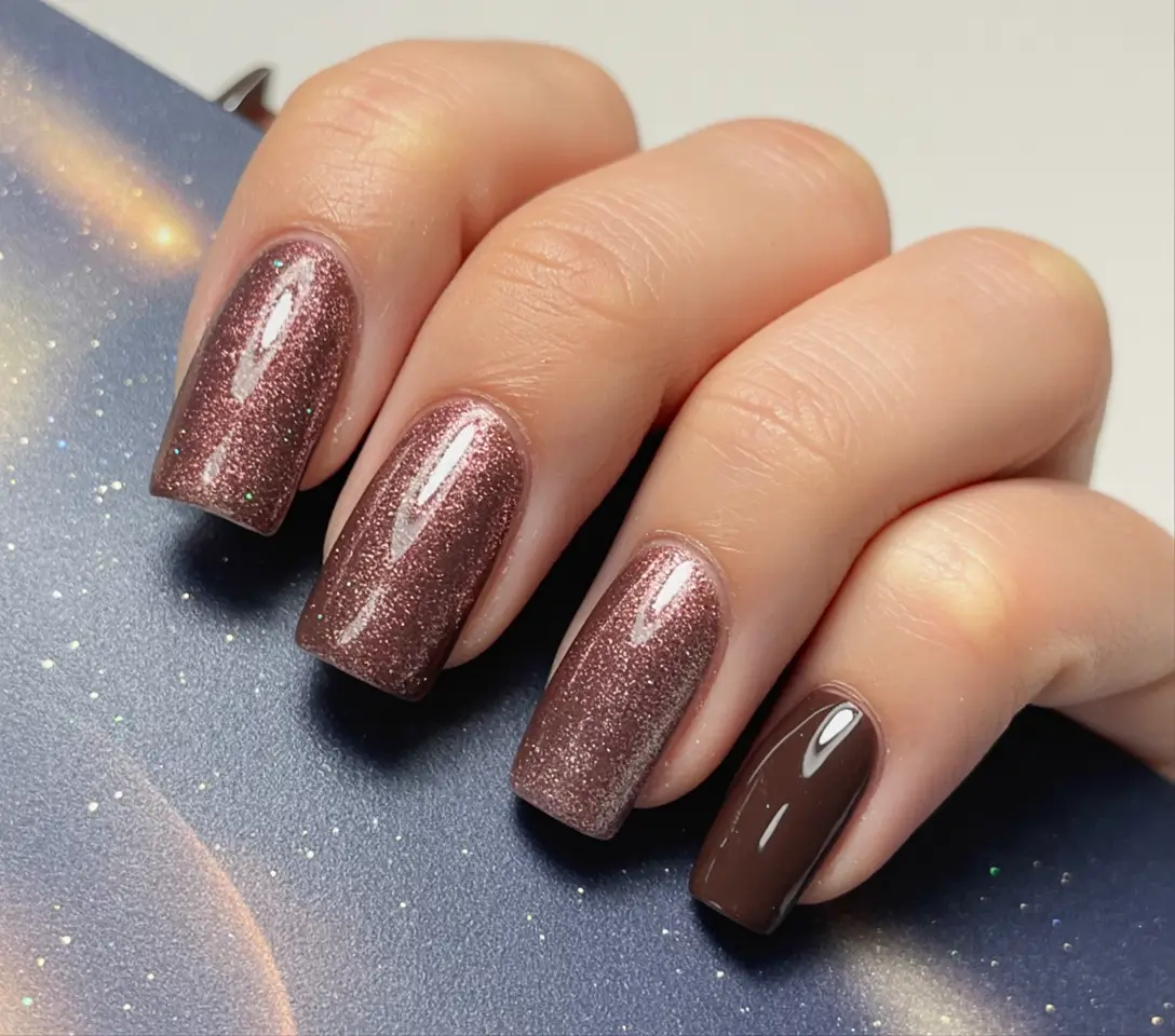 brown nails 2026 Rose Brown Sparkle with Deep Chocolate Accent