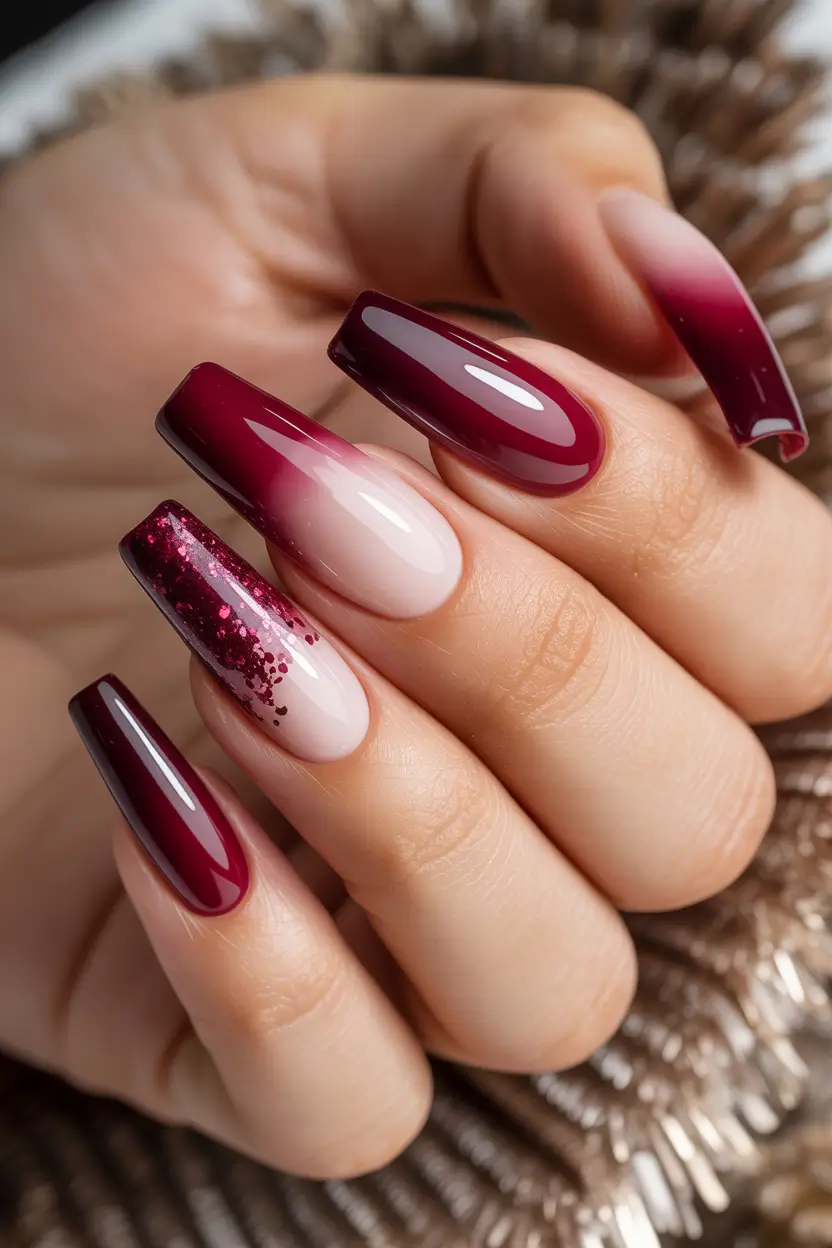 brown nails 2026 Wine Tinted Brown Fade with Sparkle Touch