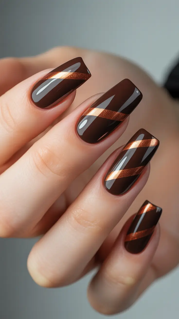 brown nails 2026 Copper Ribbon on Dark Chocolate Gloss