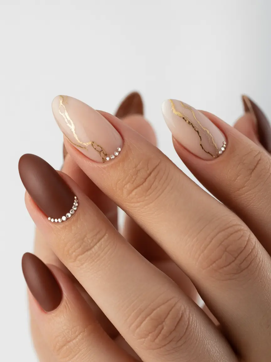 brown nails 2026 Soft Matte Cocoa with Marble and Crystal Accents
