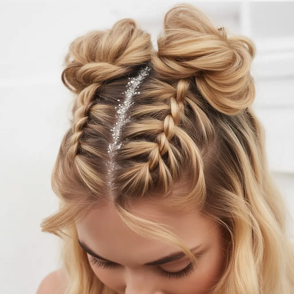 buns-hairstyles-glittery-braided-space-buns