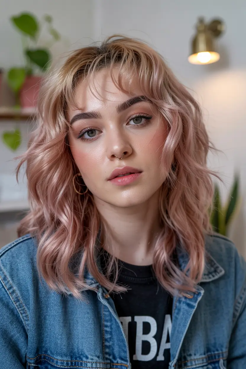 Butterfly Haircut 2026 Rose Blonde Waves with Baby Bangs