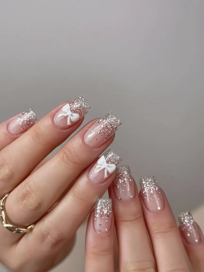 cat eye nails 2026 Snowy Bow French Glitter