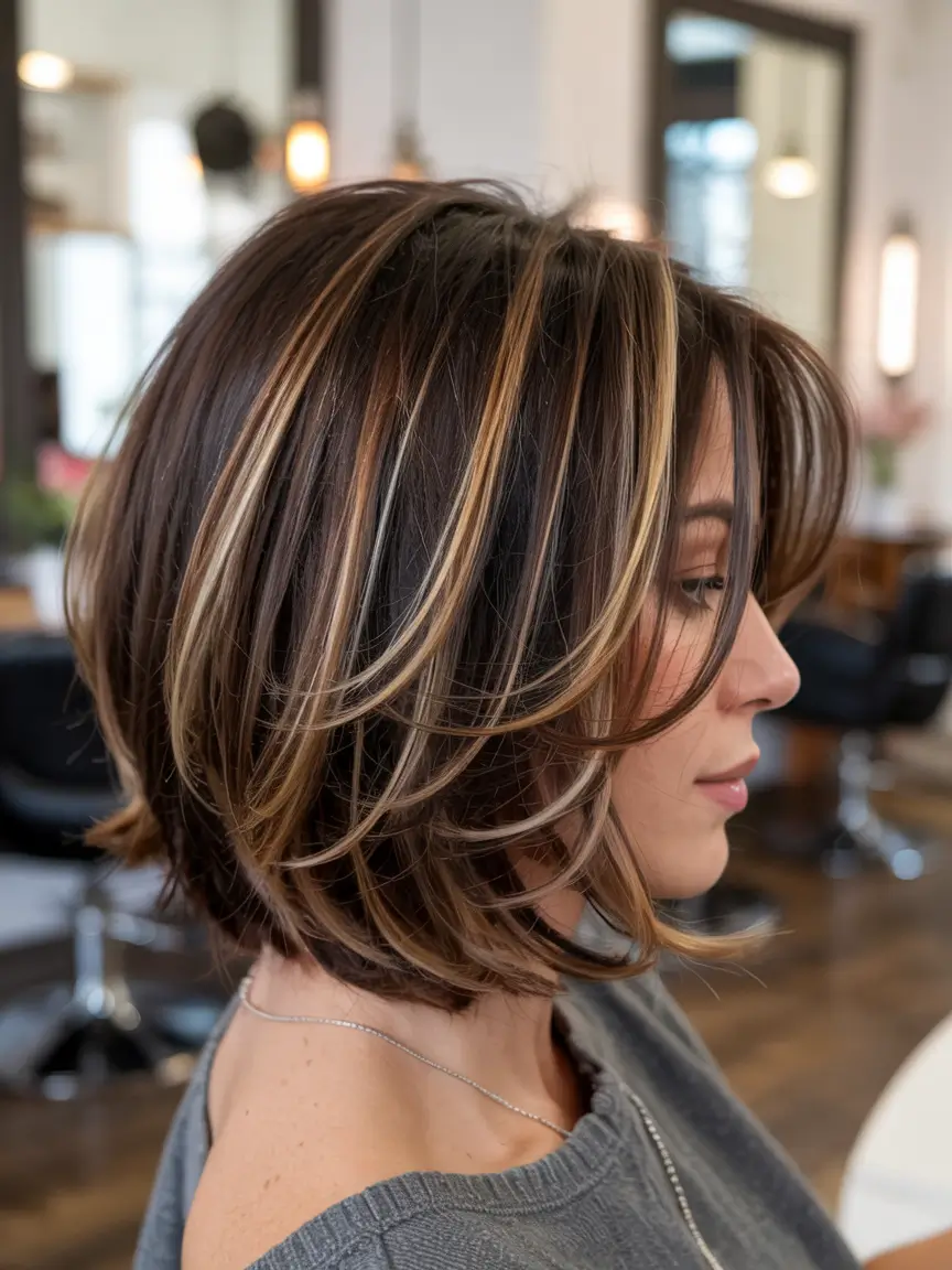 choppy bob haircuts 2026 Stacked Layers With Golden Ribbons