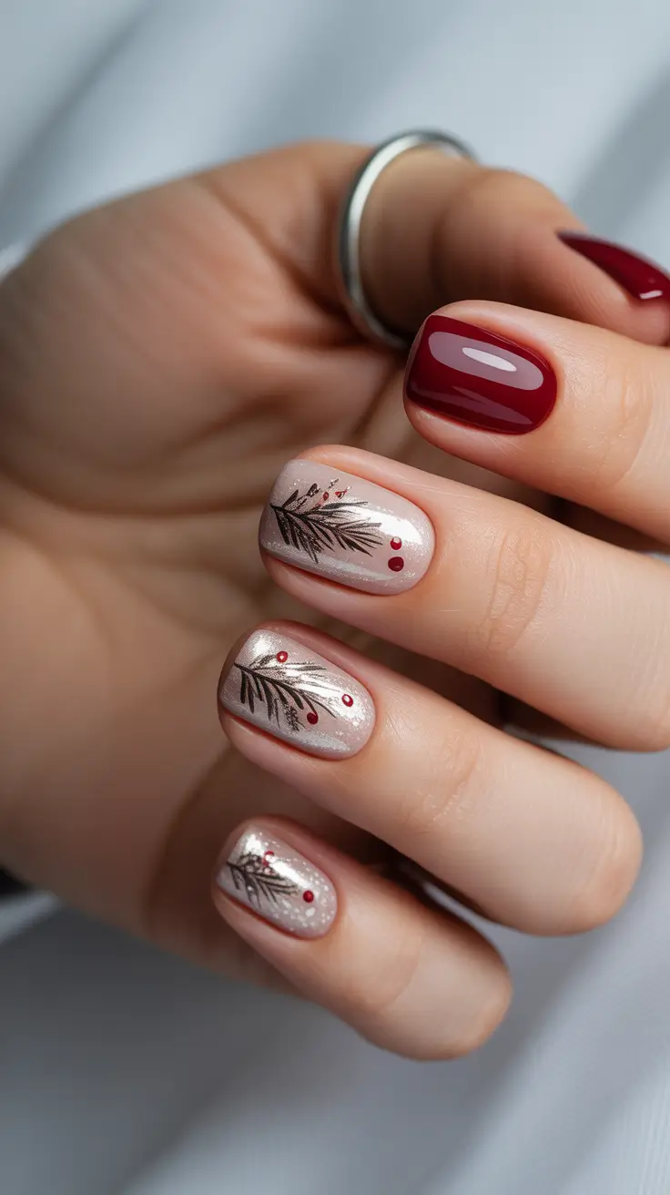 chrome nails 2026 Winter Berry Branch Art