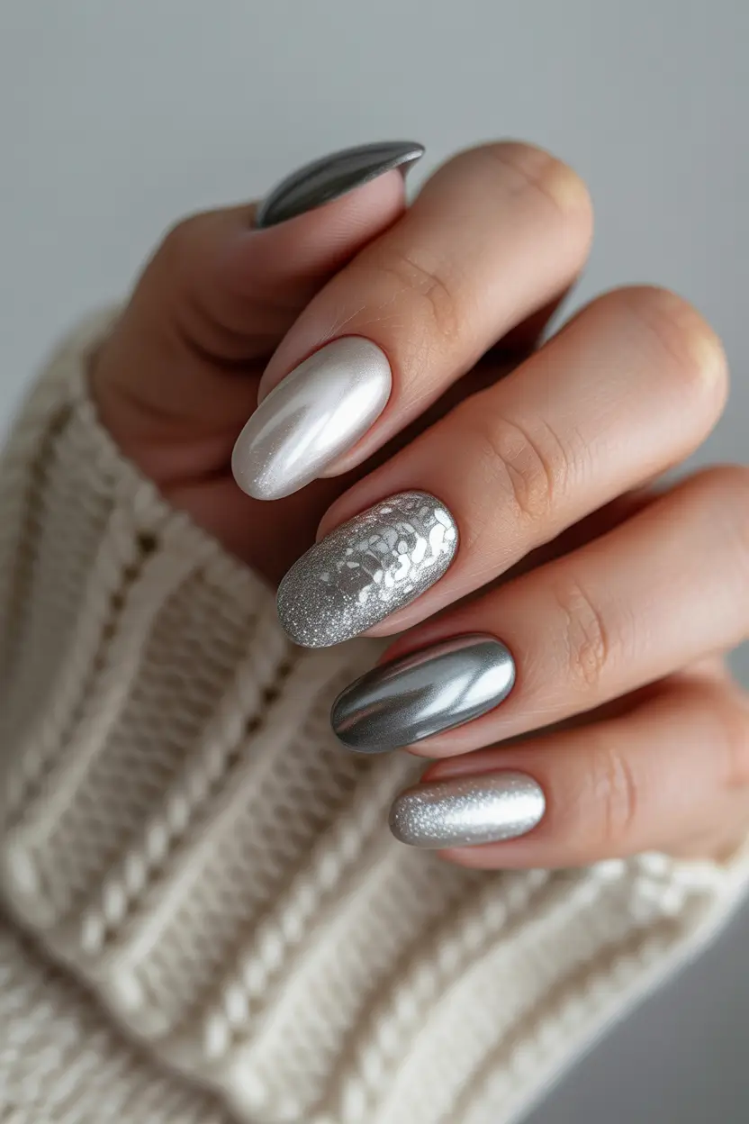 chrome nails 2026 Silver And Pearl Winter Blend