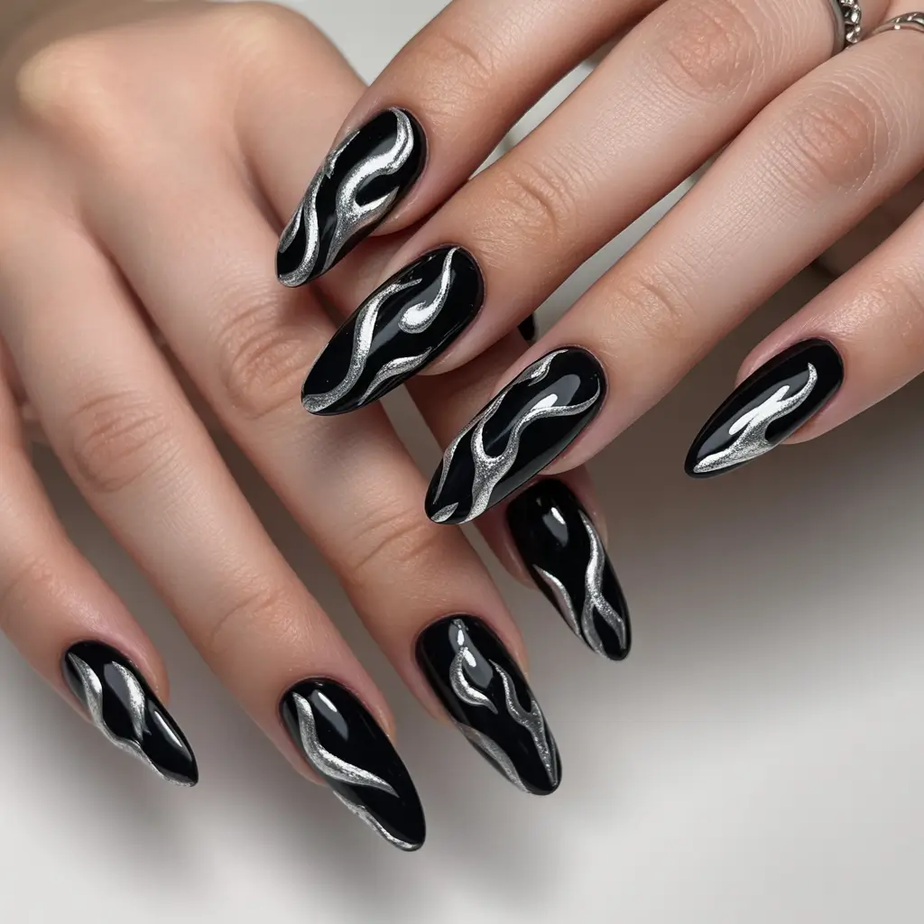 chrome nails 2026 Black Flame Metallic Waves