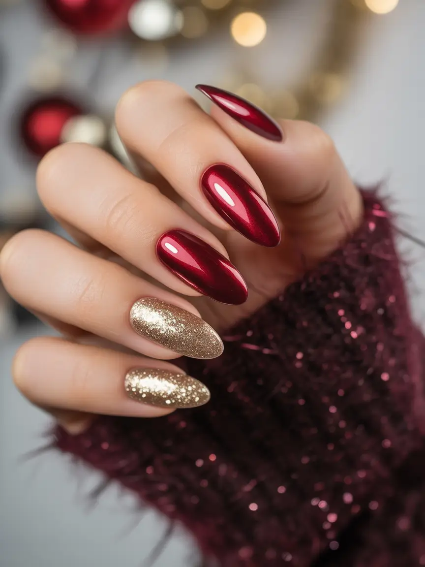 chrome nails 2026 Festive Red And Gold Shine