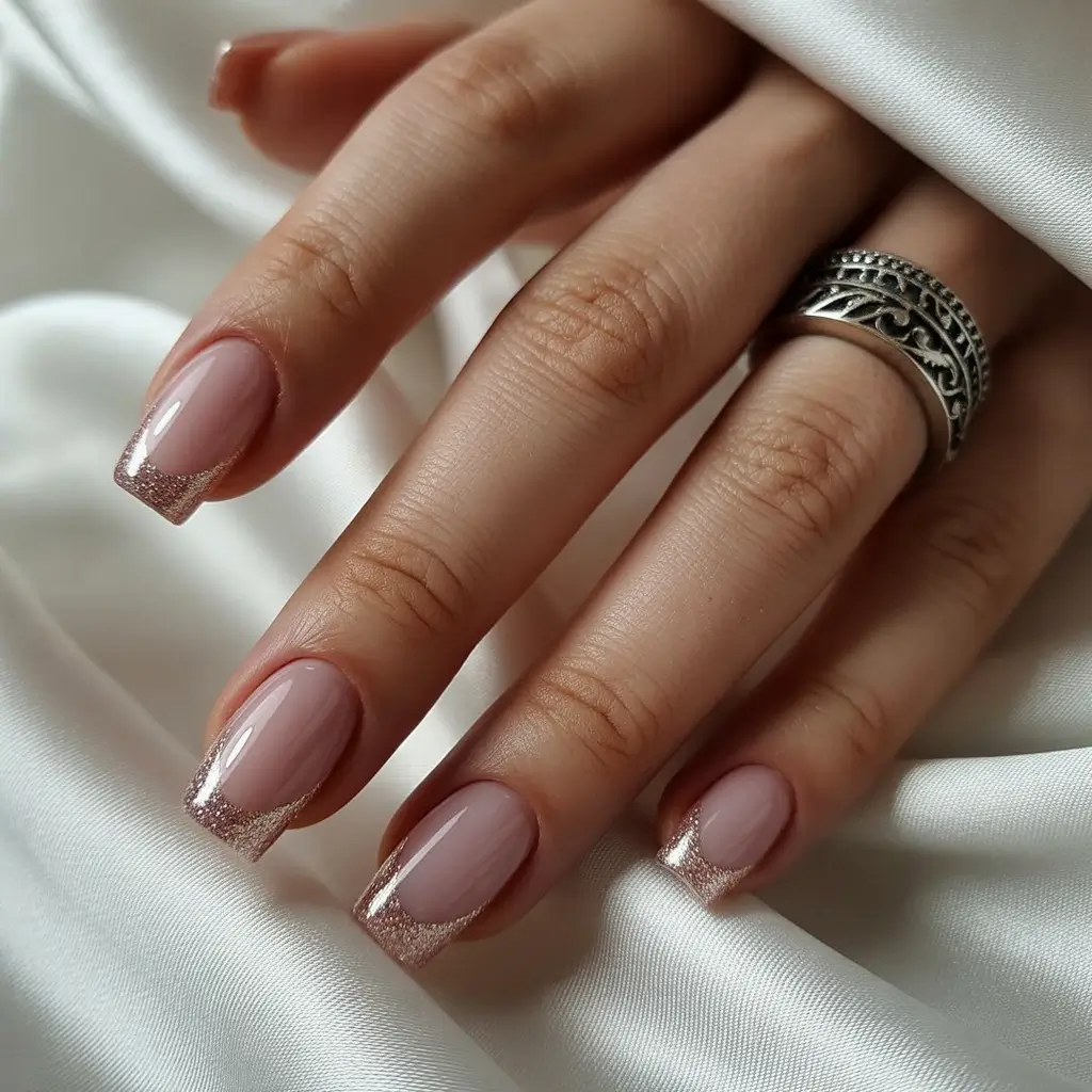 classy nails 2026 Blush Sparkle Tips for Modern French Romance