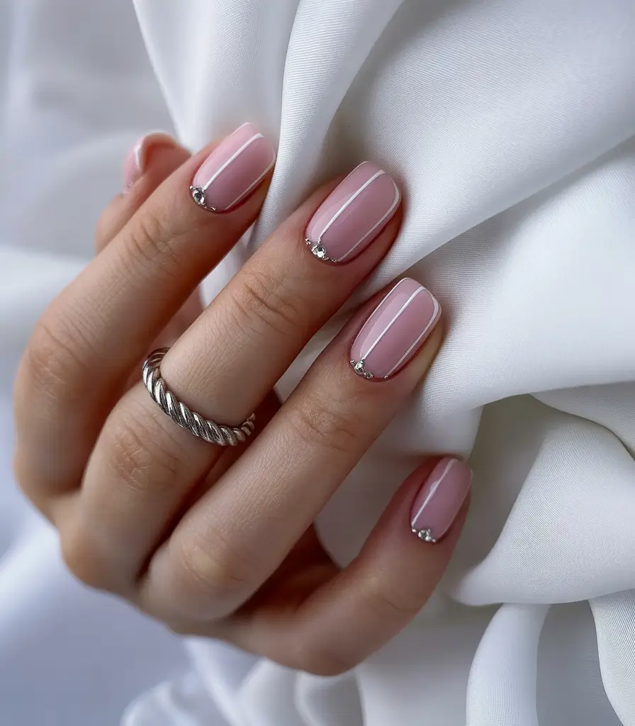 classy nails 2026 Pink Crystal Arc Lines for Polished Femininity