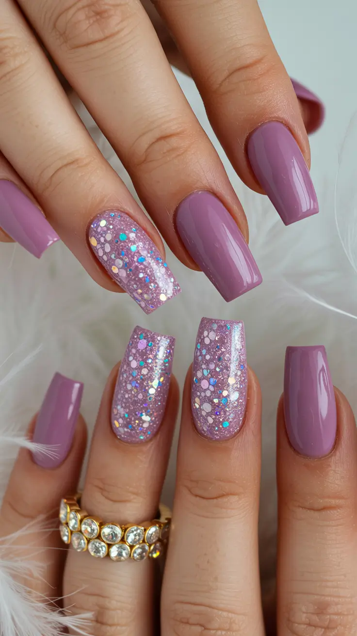 coffin nails 2026 Lilac Hologlow with Glitter Bloom