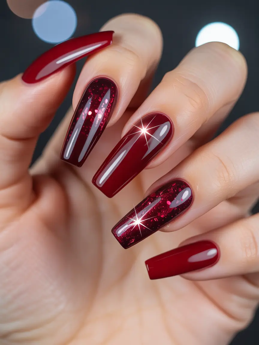 coffin nails 2026 Deep Ruby Shine with Sparkling Dimension