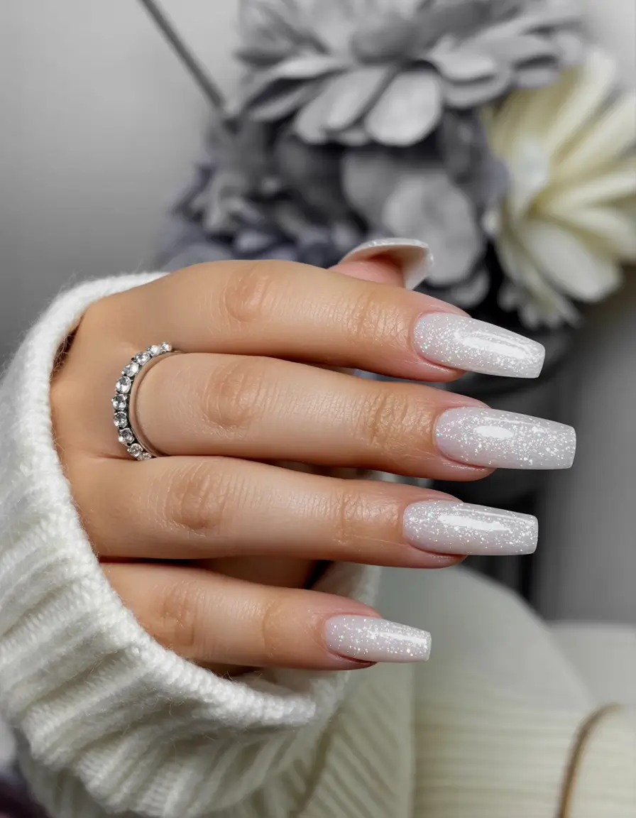 coffin nails 2026 Diamond Frost White with Shimmer Glow