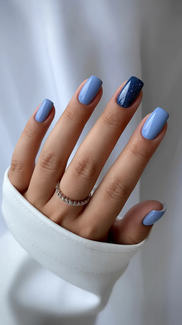 coffin nails 2026 Soft Blue Serenity with Midnight Accent