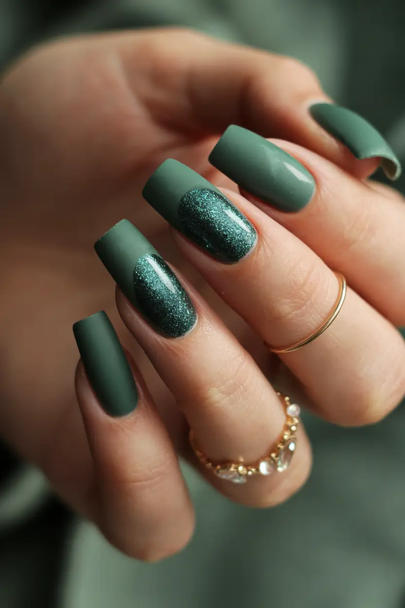 coffin nails 2026 Pine Green Velvet with Deep Glitter Halo