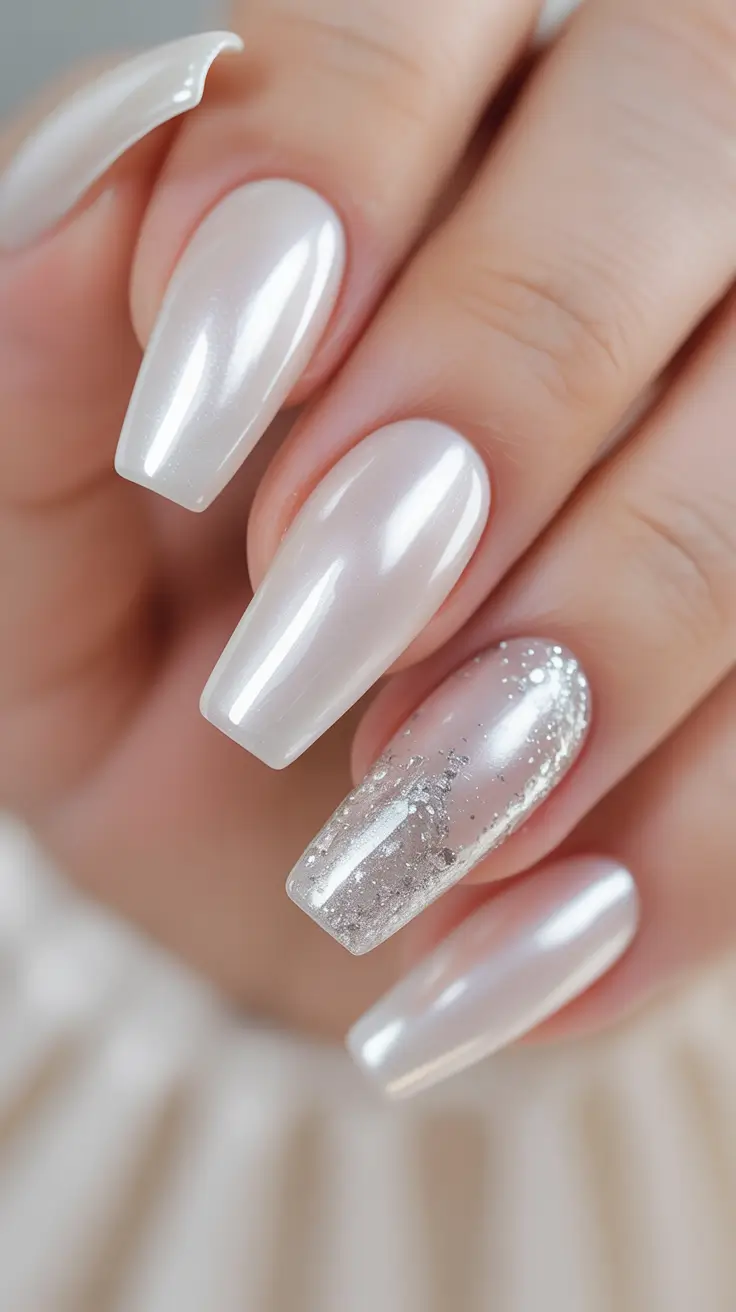 coffin nails 2026 Pearly Moonshine with Crystal Silver Touch