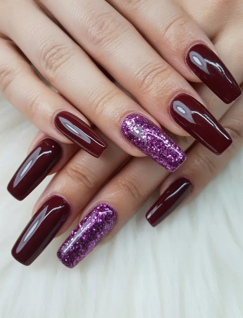 coffin nails 2026 Plum Glitter Contrast