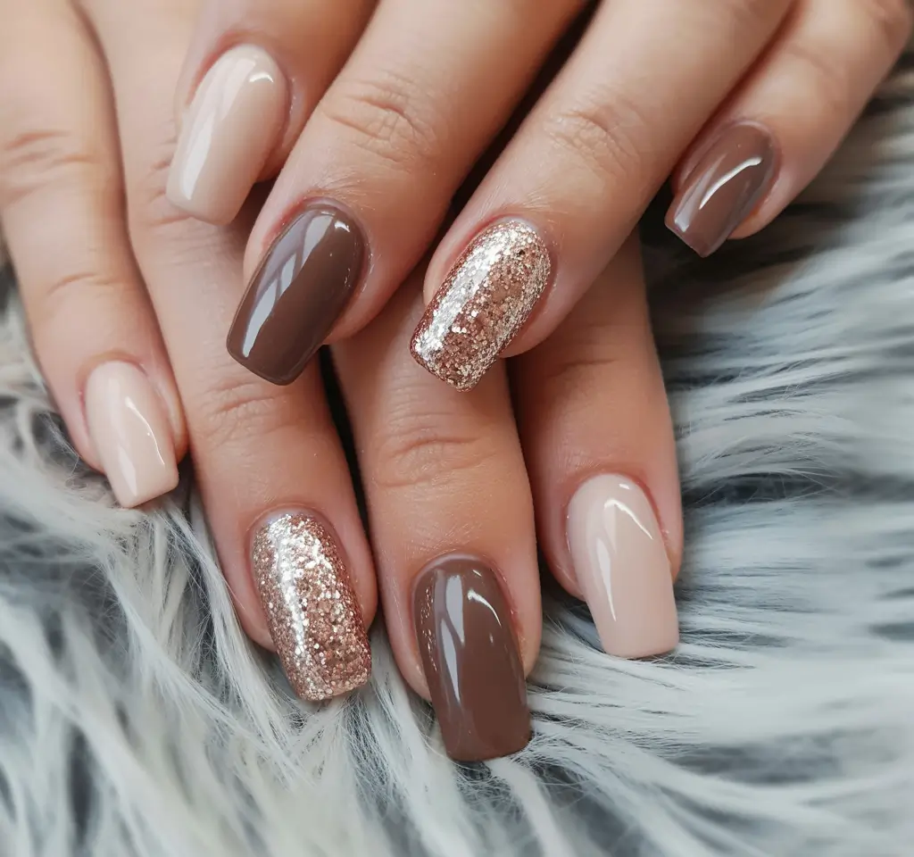 coffin nails 2026 Caramel Neutral Glow with Glitter Accents