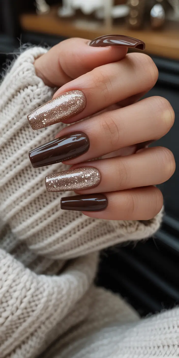 coffin nails 2026 Warm Cocoa Gloss with Champagne Sparkle