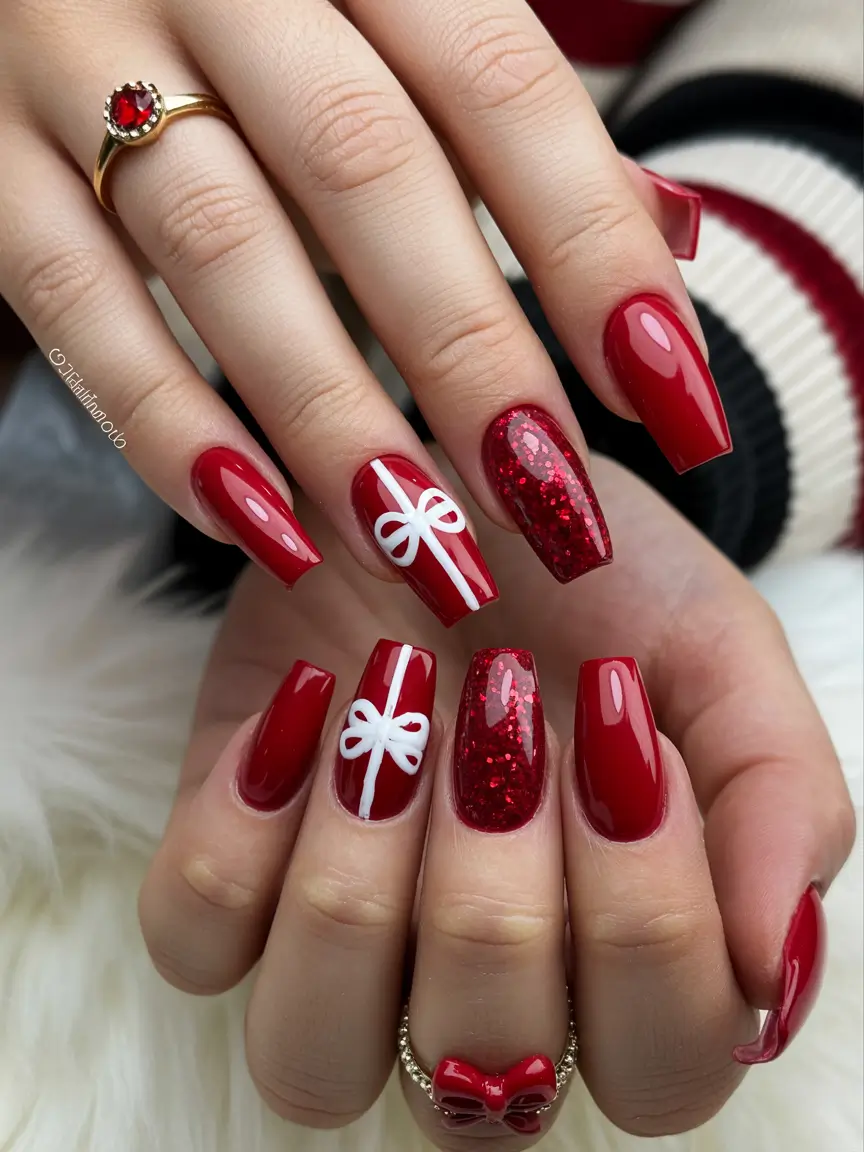 coffin nails 2026 Gift Wrapped Red Glam