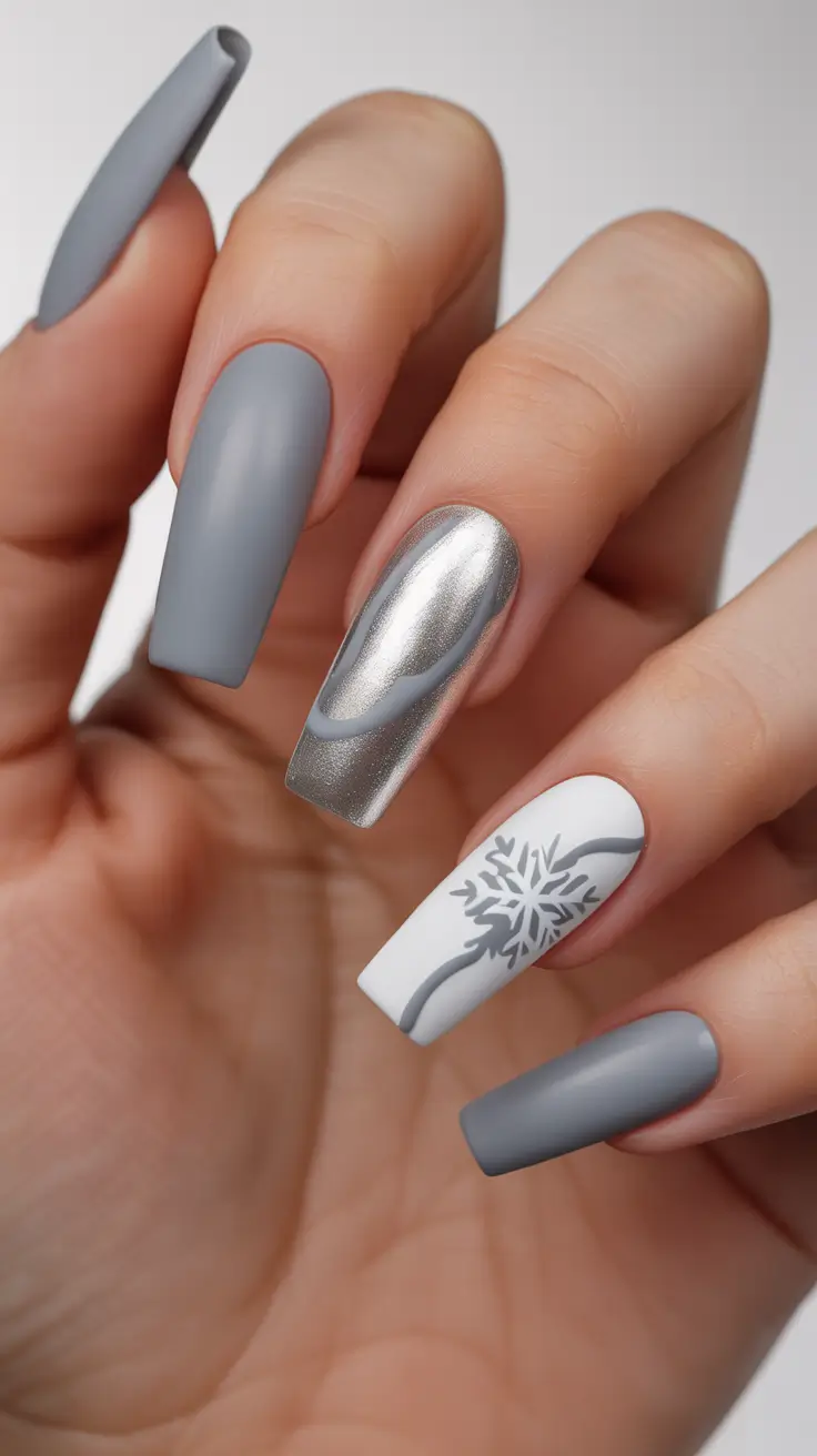 coffin nails 2026 Silver and Snowflake Winter Harmony