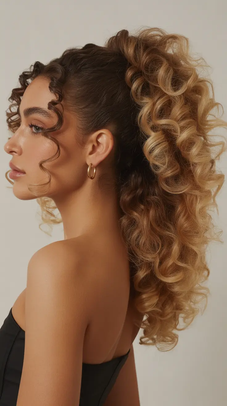 curly hairstyles ideas High Curly Ponytail with Golden Ombre