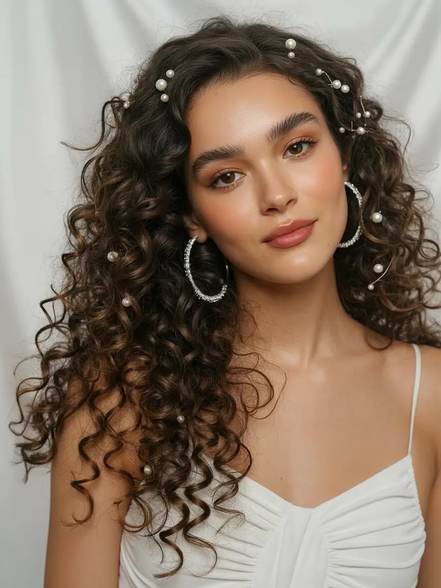curly hairstyles ideas Soft Curls with Pearl Accents