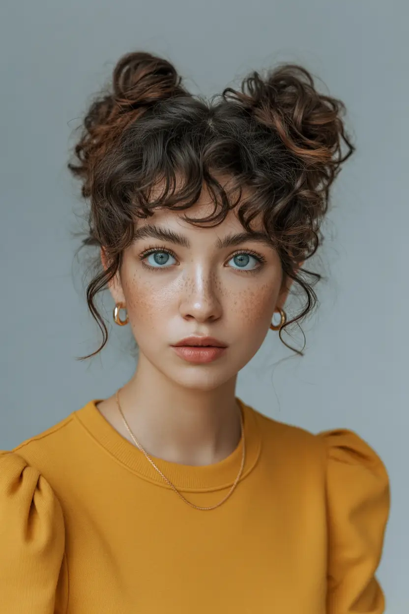 curly hairstyles ideas Playful Double Buns with Bangs