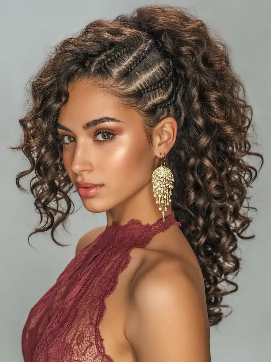 curly hairstyles ideas Cornrow Ponytail with Glossy Curls
