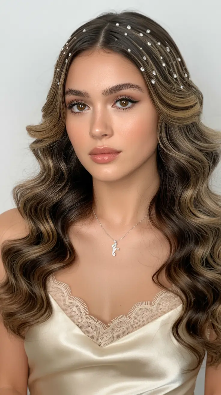 curly hairstyles ideas Classic Wavy Glam with Pearl Details