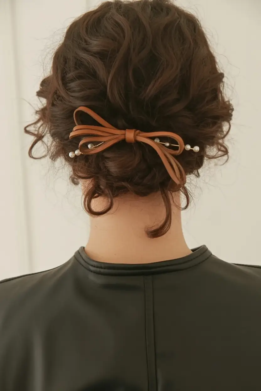 curly hairstyles ideas Textured Bun with Bow Detail