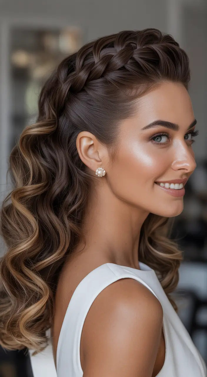 curly hairstyles ideas Braided Crown with Cascading Curls