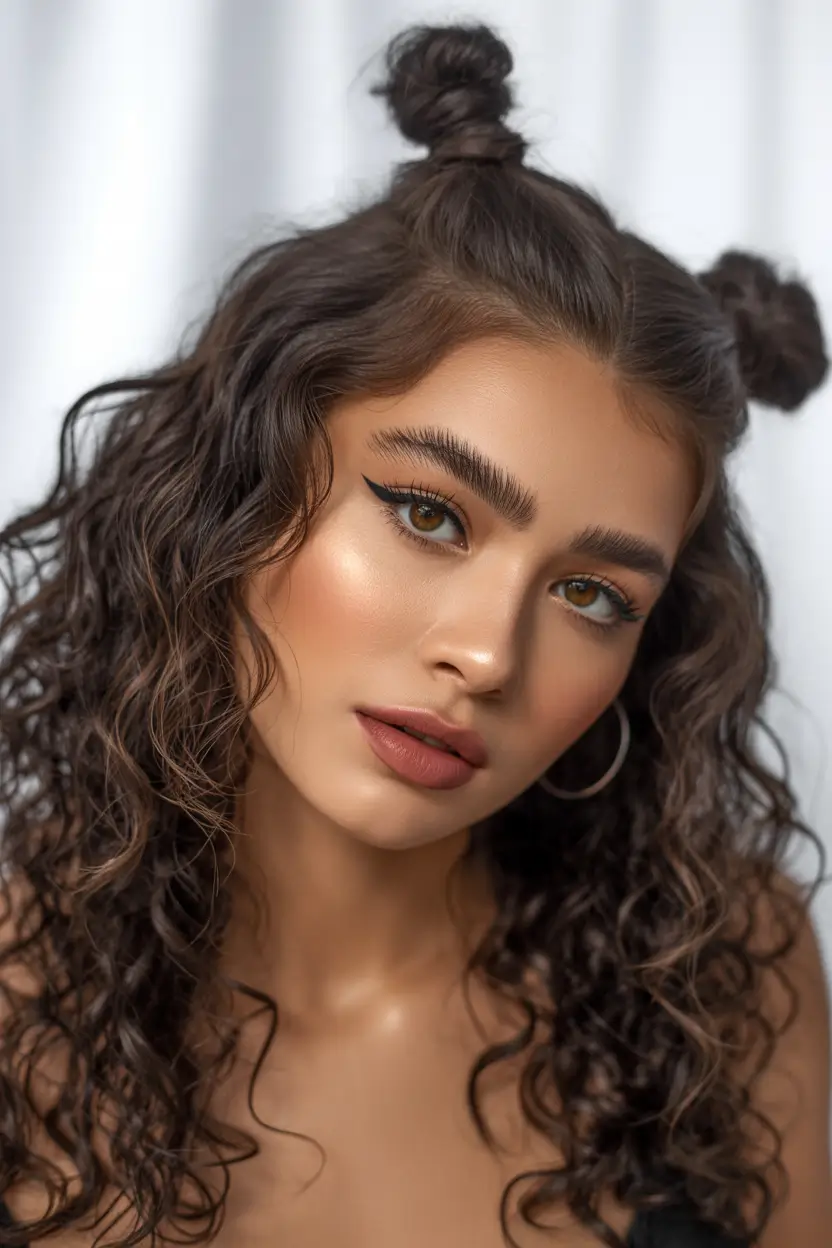 curly hairstyles ideas Playful Space Buns with Loose Waves