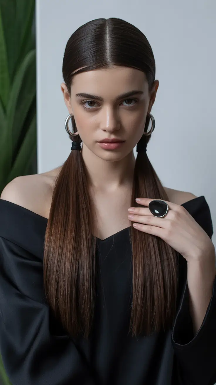 cute hairstyles ideas 2026 Sleek Twin Tails With a Minimal Edge