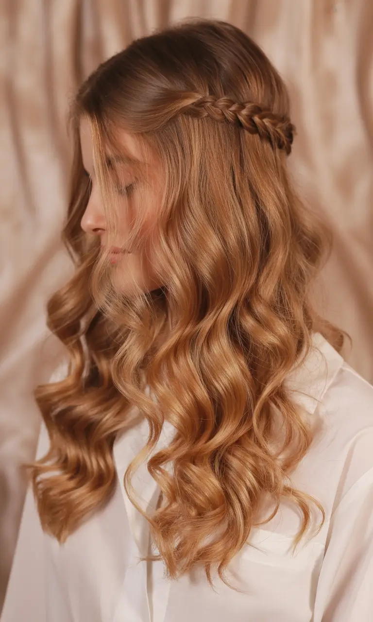 cute hairstyles ideas 2026 Golden Braided Crown With Flowing Curls