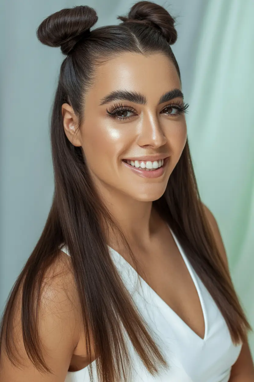 cute hairstyles ideas 2026 Playful Double Buns With Sleek Length