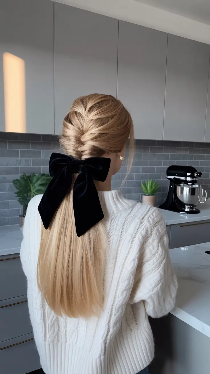 cute hairstyles ideas 2026 French Twist Pony With Velvet Bow