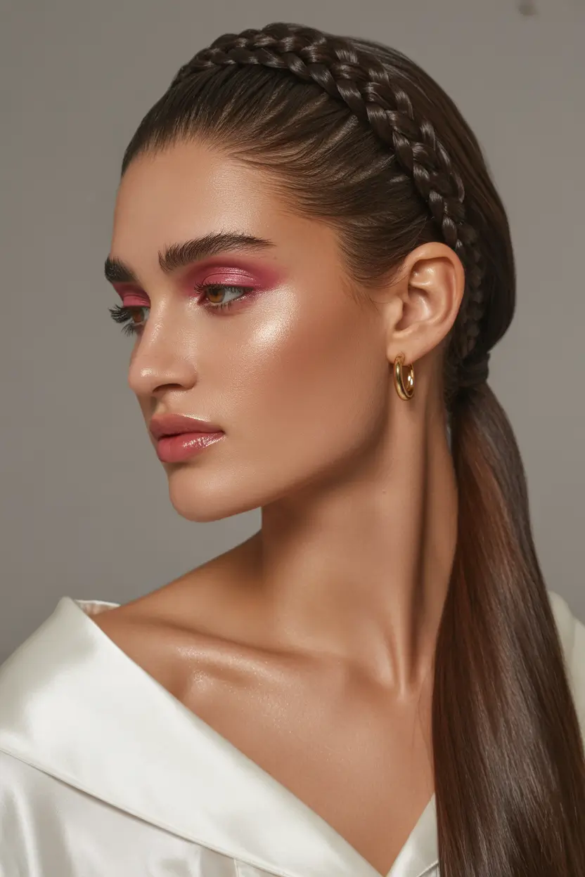 cute hairstyles ideas 2026 Braided Headband With Sleek Pony