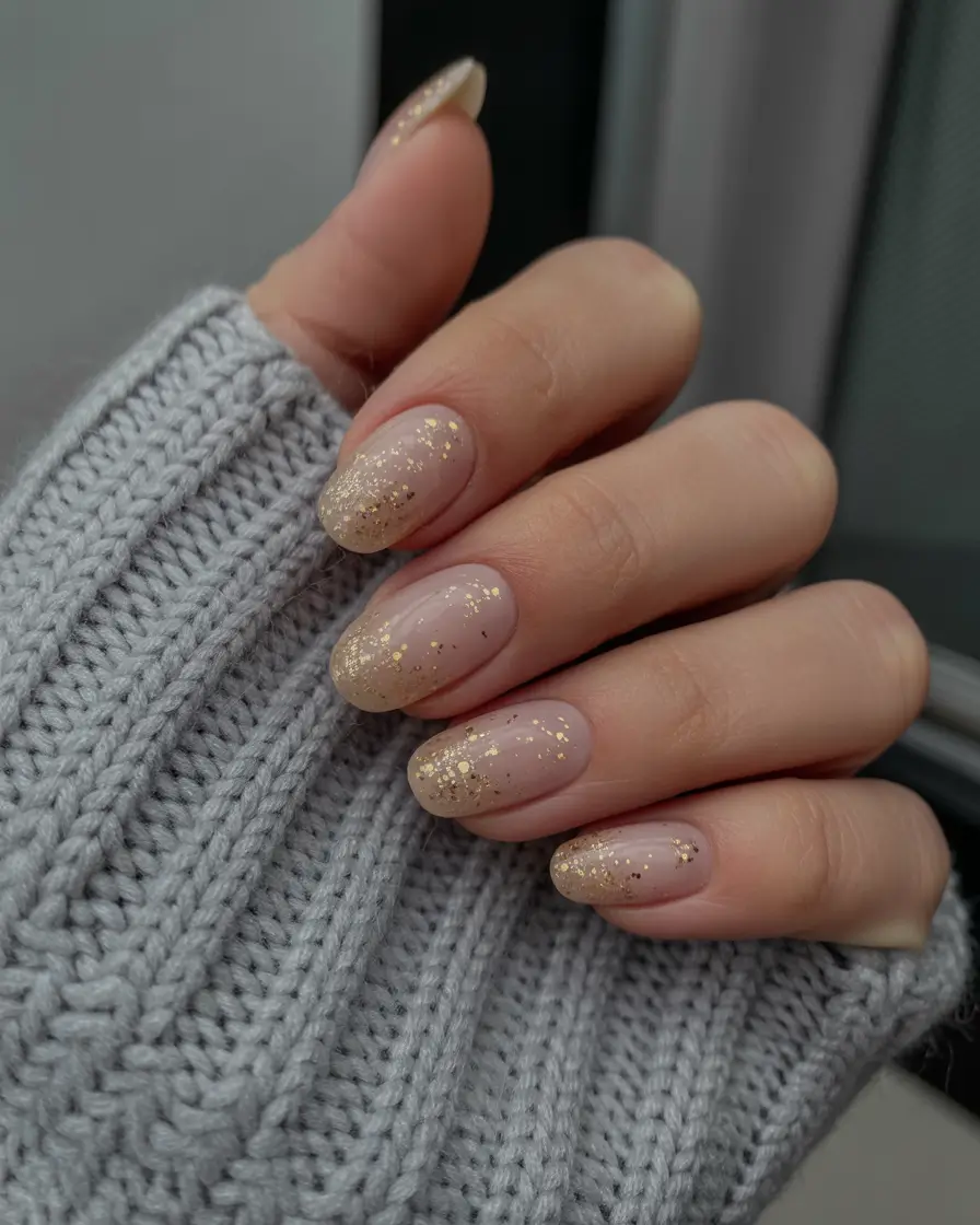 cute nails 2026 Golden Sugar Frost Over Nude Almond Glow