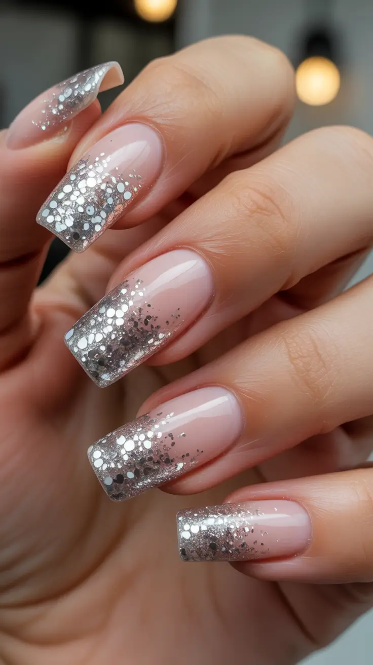 cute nails 2026 Silver Confetti Fade On Extended Square Tips