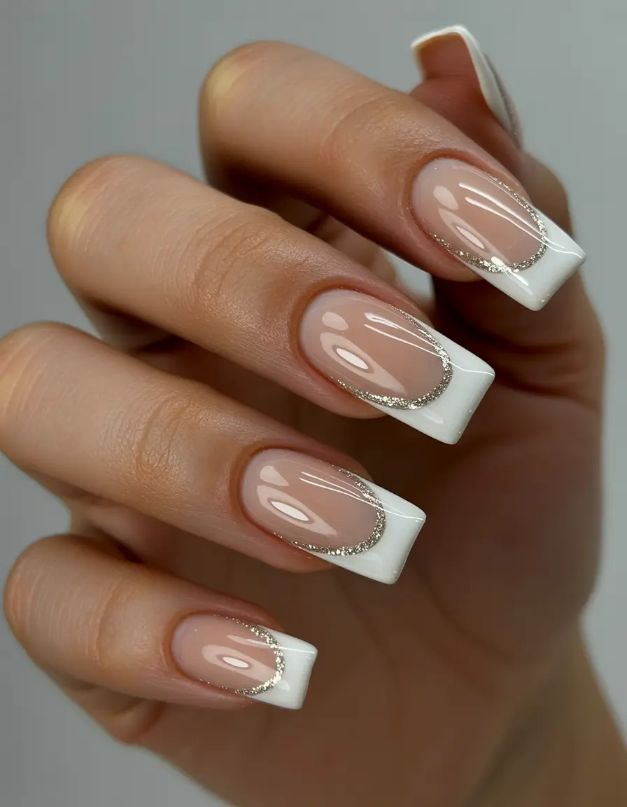 cute nails 2026 Classic French With Silver Crescent Glow