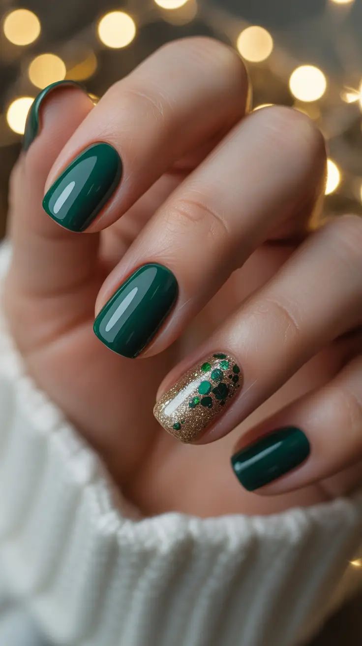 cute nails 2026 Emerald Shine With Gold Jewel Accent