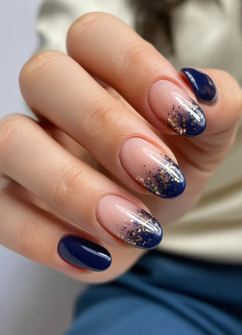 cute nails 2026 Midnight Blue Fade With Golden Stars of Glitter