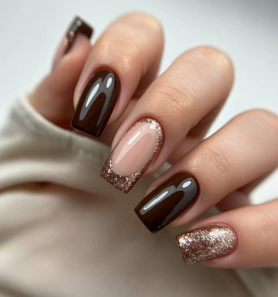 cute nails 2026 Mocha Gloss With Rose Gold Glitter Framing