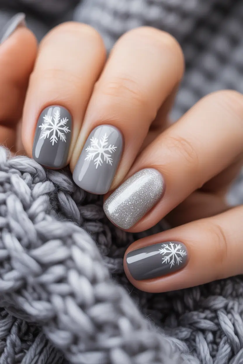 cute nails 2026 Cozy Grey With Snowy Winter Accents