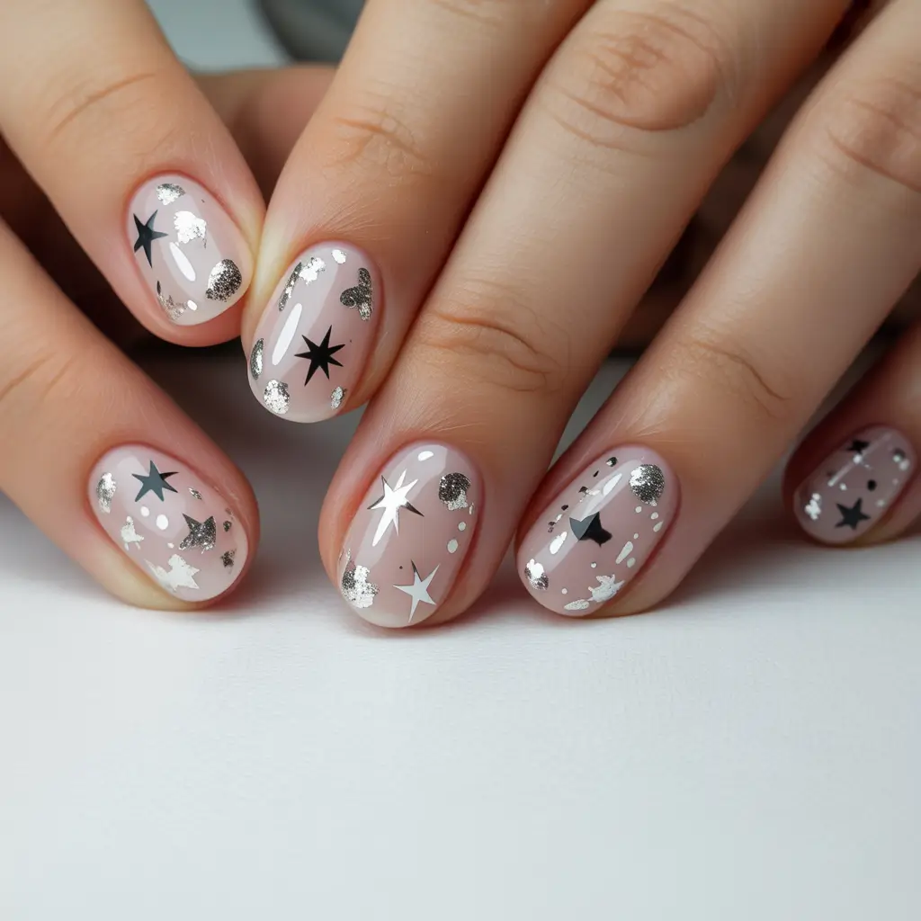 cute nails 2026 Celestial Sparkle With Silver and Black Stars